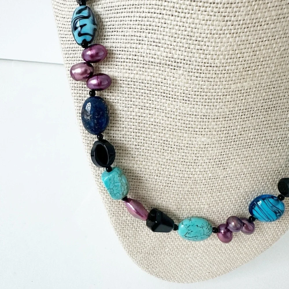 NWT Genuine Turquoise, Lapis, Black Onyx, Murano Glass & Pearls Necklace Blue